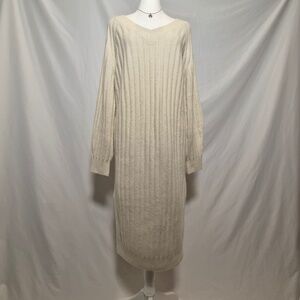 H&M Ivory VNeck Casual Scandi Girl Ribbed Knit Double Side Slit Sweater Dress XS